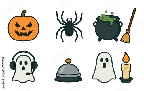 Halloween icons: pumpkin, spider, cauldron, broom, ghosts, bell, candle