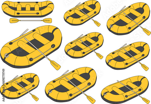 yellow inflatable rafts, water sports equipment, black paddles, scattered layout, top view, outdoor adventure gear, boating illustrations
