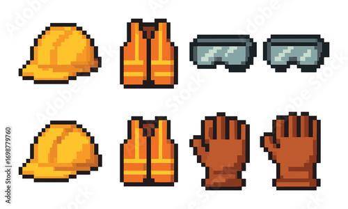 Pixelated construction safety gear set with helmet, vest, goggles, and gloves