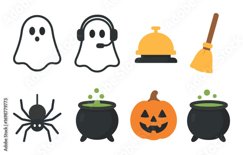 Halloween icons: ghosts, cauldrons, pumpkin, spider, broom, bell