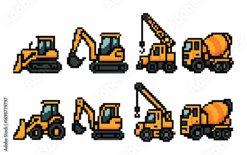 Pixel art construction vehicles on yellow background