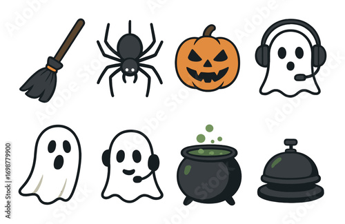 Halloween symbols: ghosts, pumpkin, spider, and witch's broom on rustic background