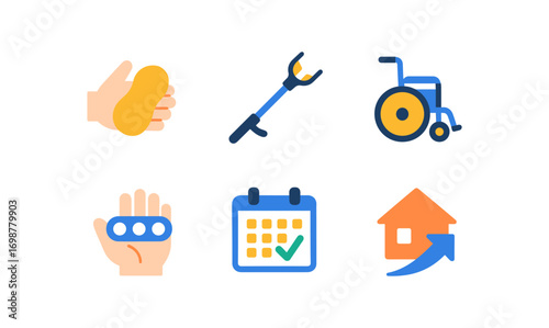 Essential accessibility tools and aids: wheelchair, reacher, sponge, exercise hand, calendar, home accessibility icon set