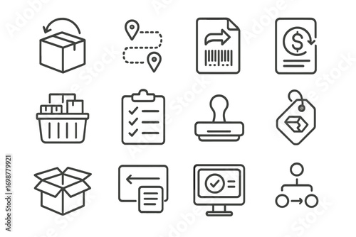 Fulfillment Returns Icons. Line style icons of fulfillment returns: returned item icon, reverse logistics route, return barcode