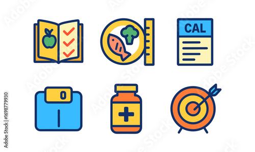 Healthy lifestyle icons: nutrition, fitness, and wellness symbols in flat style