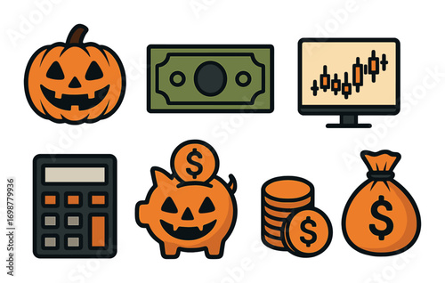 Halloween financial icons set: pumpkin, money, chart, calculator, piggy bank, coins, bag