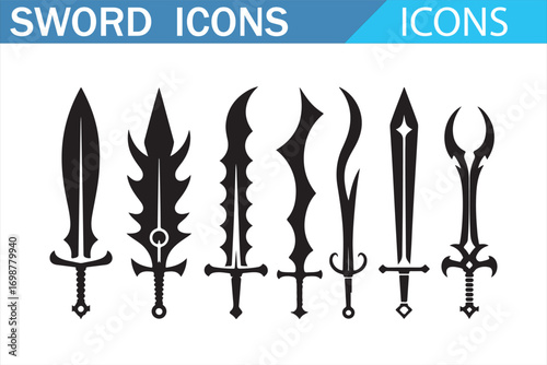Sword icons set illustration with medieval, fantasy, and combat blade silhouettes, black vector weapons collection for game design, martial arts, knight armory, and historical fighting symbol graphics