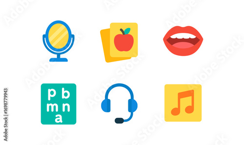 Colorful flat icon set featuring communication, education, and music symbols