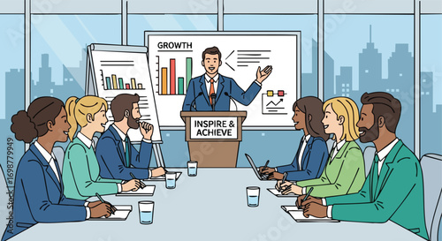 Motivational Speaker Giving a Business Growth Presentation to a Team