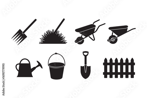 Collection of black silhouettes of garden tools and fencing