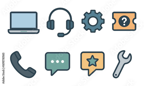 Technical support icons set: laptop, headset, gear, ticket, phone, speech bubbles, wrench