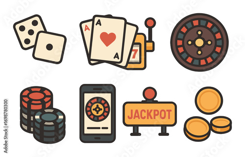 Casino icons: dice, cards, slot machine, roulette, chips, jackpot, coins