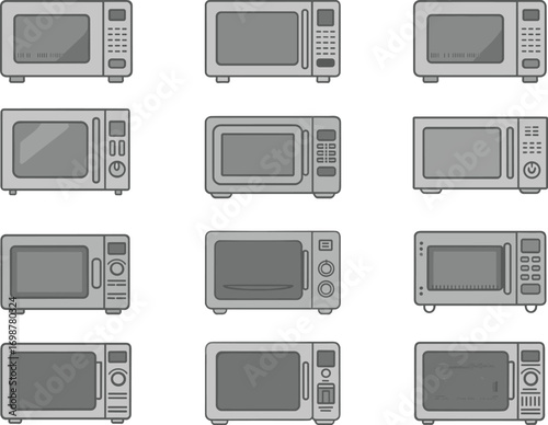 microwave oven illustrations, kitchen appliance designs, digital and dial controls, modern countertop models, home electronics, cooking equipment