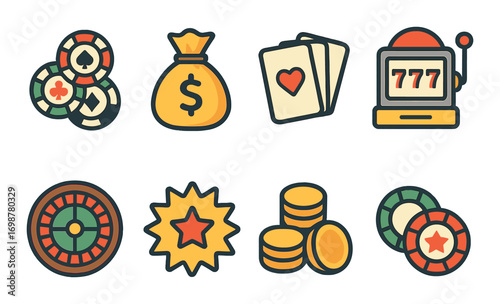 Colorful casino icons featuring chips cards slot machine money bag and roulette