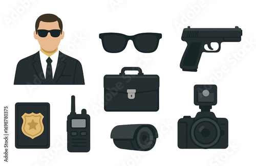 Undercover spy gear collection with male agent in suit and sunglasses
