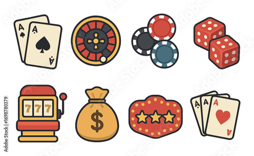 Casino icons collection featuring cards, roulette, chips, dice, slot machine, money bag, and casino sign