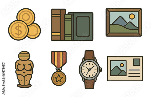 Stylized icons of coins, books, mountain art, sculpture, medal, watch, and postcard