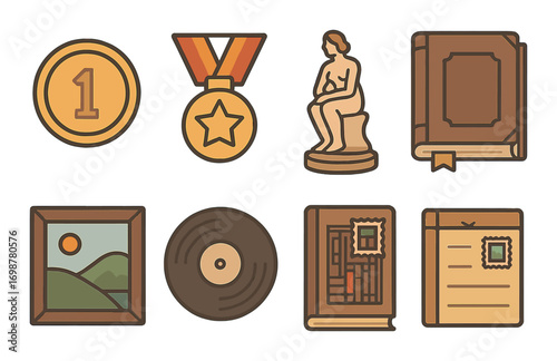 Vintage icons set featuring medal, statue, coin, art, vinyl, and books