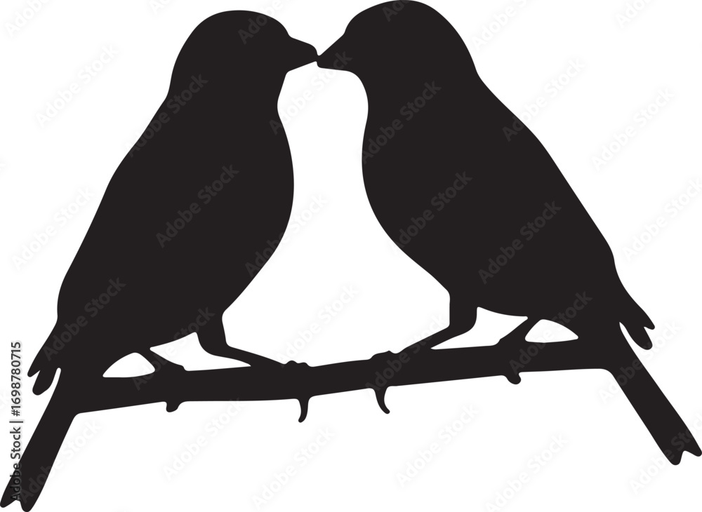 Obraz premium Two birds kissing on a branch love romance