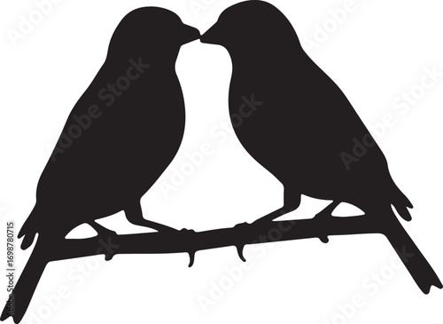Two birds kissing on a branch love romance