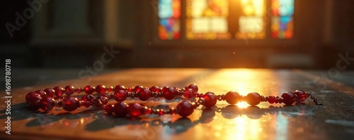 Close-up view of a rosary beads being blessed with holy water, sunlight streaming through a stained-glass window  The scene evokes peace, serenity, and faith ,  stained glass,  detail,  divine