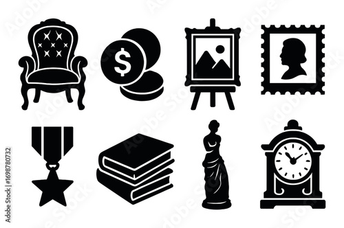 Silhouettes of vintage artifacts and symbols on a sepia background