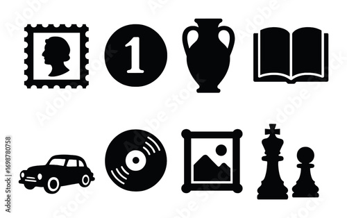 Retro icons collection: stamp, coin, vase, book, car, record, painting, chess pieces