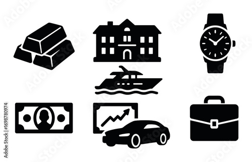 Luxury symbols: gold bars, mansion, yacht, wristwatch, money, graph, car, briefcase