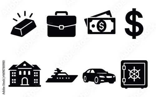 Icons of wealth: gold, briefcase, money, dollar, mansion, yacht, car, safe