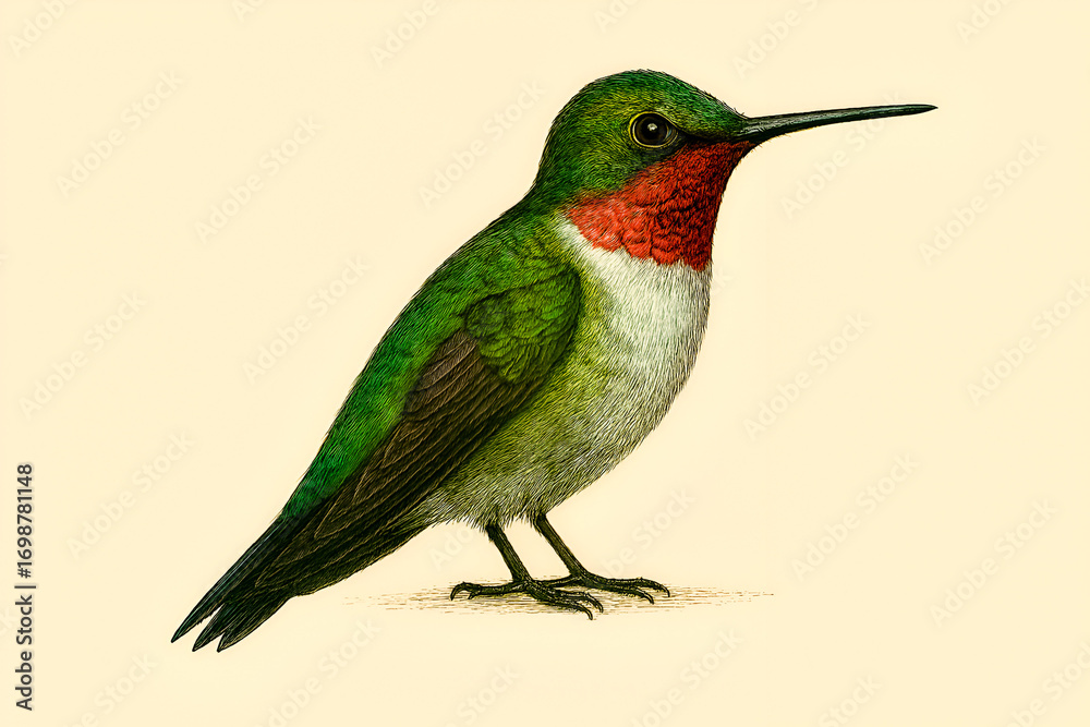 Fototapeta premium Ruby-throated Hummingbird Illustration on Cream Background
