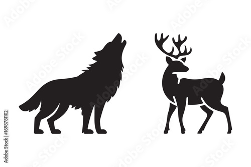 Silhouette of a howling wolf and a standing deer