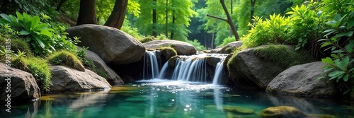 Serene pond waterfall cascading over natural rocks, creating a tranquil oasis Lush greenery surrounds the picturesque scene, perfect for relaxation and meditation , beauty, organic, pond