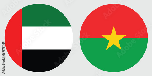 Dubai and Burkina Faso Circular Flags on Grey Background , International Unity and Diplomatic Relations , vector design and digital illustration 