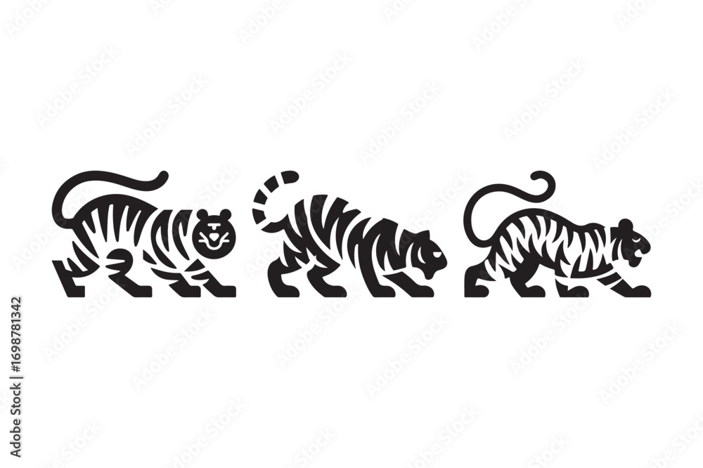 Fototapeta premium Three stylized black tigers in profile on a white background