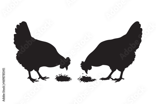 Two black chicken silhouettes foraging for food