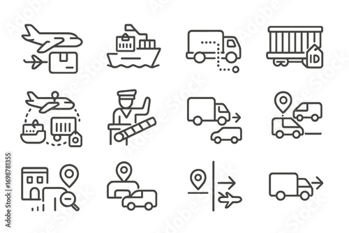 Multimodal Shipping Icons. Line style icons of shipping tracking by mode: airplane with parcel icon, ship with container tag,
