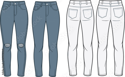 Fashion flat sketch of skinny women’s jeans, front and back view, ripped distressed denim pants template, technical clothing illustration for design.