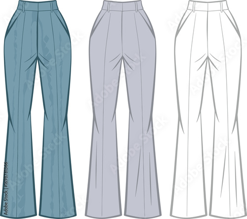 Fashion illustration of wide leg women's pants, front view, technical flat sketch, high waist trousers with pleats, for apparel design template.