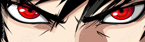 Close up of angry red eyes intense expression anime manga style vector illustration minimalist flat design male character focused glare