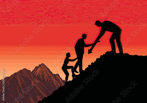 Silhouette of business people climbing mountain with mentor helping hand and arrow symbol of growth and success against sunset sky background