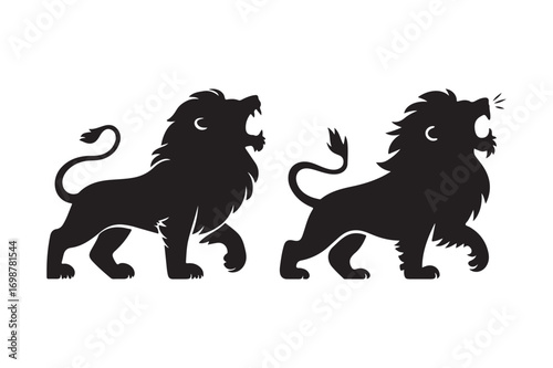 Two roaring black lion silhouettes on a white background