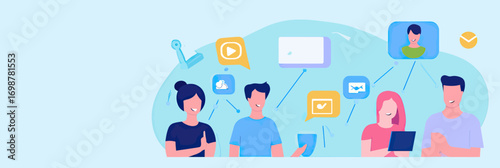 Flat minimalist vector illustration of diverse people using mobile devices connected through social media icons and digital communication symbols in light blue background