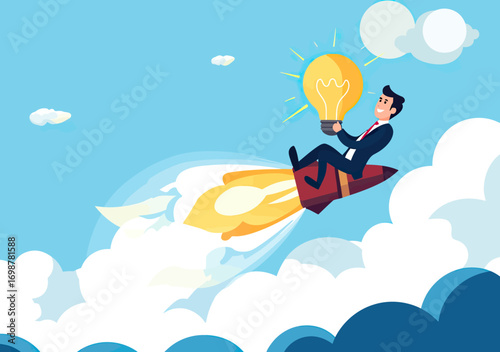 Businessman riding rocket through clouds holding glowing light bulb symbolizing innovation creative idea success motivation inspiration concept in blue sky background