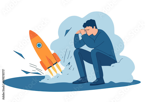 Depressed businessman sitting beside crashing orange rocket launching with smoke and flying debris symbolizing startup failure and business risk concept in flat vector style
