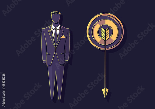 Confident businessman standing with arrow hitting bullseye on target symbolizing goal achievement motivation success concept flat vector illustration