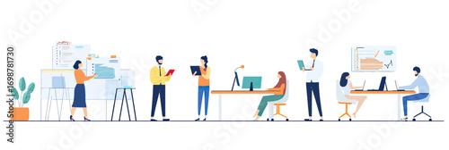diverse business people working in modern office environment using digital devices analyzing charts and communicating flat vector illustration