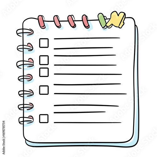 Minimalist hand drawn checklist notebook with spiral binding and blank task list in doodle style vector illustration for planning and organization concept