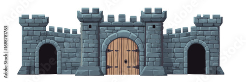 Medieval stone castle gate with wooden door and arched entryways in flat minimalist vector style isolated on white background