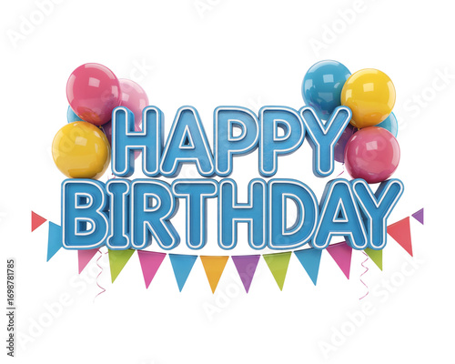 Happy birthday text with colorful balloons and festive bunting isolated on transparent background