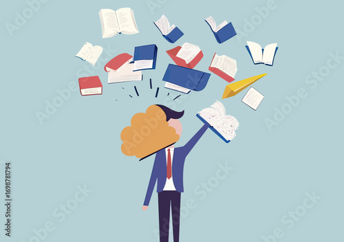Businessman in suit throwing books and papers in air symbolizing knowledge release and information management concept in flat vector style